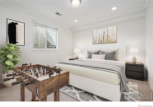 carpeted bedroom with crown molding