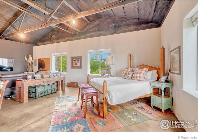 bedroom featuring wood ceiling, beamed ceiling, and high vaulted ceiling