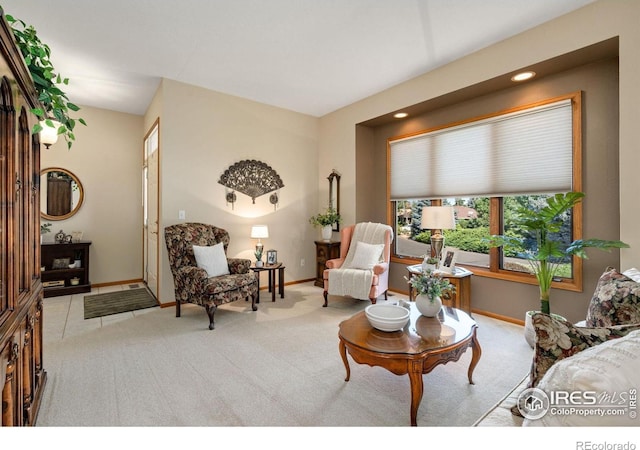 living room featuring light colored carpet