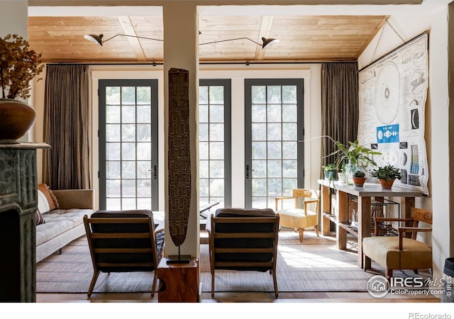 doorway to outside featuring wooden ceiling, lofted ceiling, and a wealth of natural light