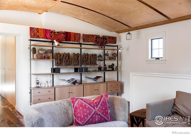 interior space with vaulted ceiling and dark wood-type flooring