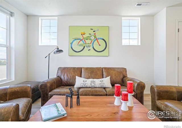 living room with a textured ceiling, hardwood / wood-style floors, and a healthy amount of sunlight