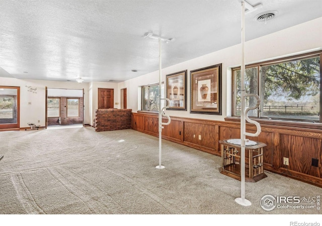 interior space with light carpet, a textured ceiling, wooden walls, and french doors