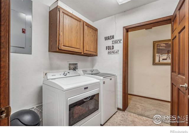 washroom with cabinets, electric panel, independent washer and dryer, and a textured ceiling