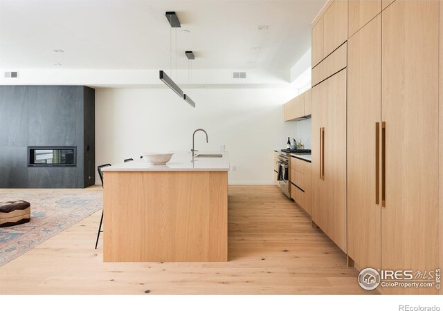 kitchen with light brown cabinets, sink, a kitchen island with sink, and high end stainless steel range