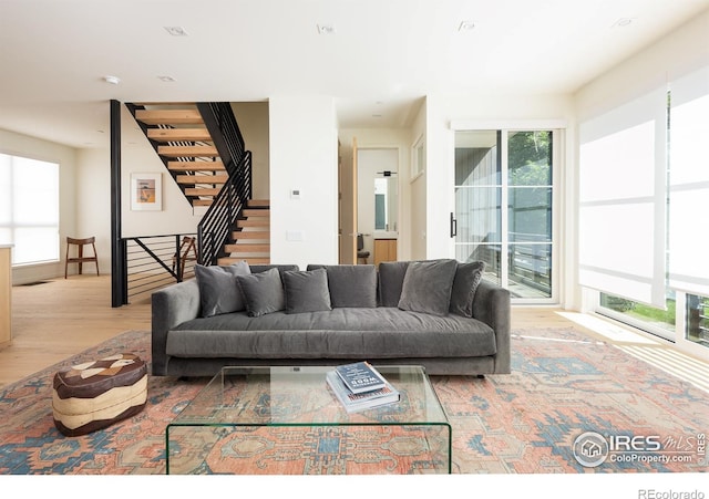 living room featuring light wood-type flooring and plenty of natural light