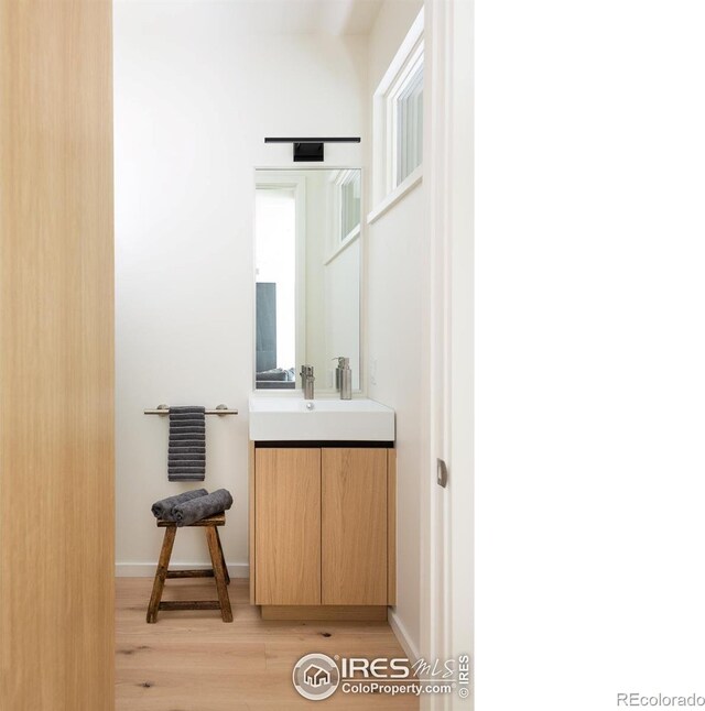 bathroom featuring vanity and hardwood / wood-style floors