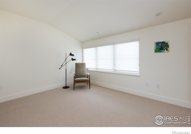 sitting room with lofted ceiling and carpet