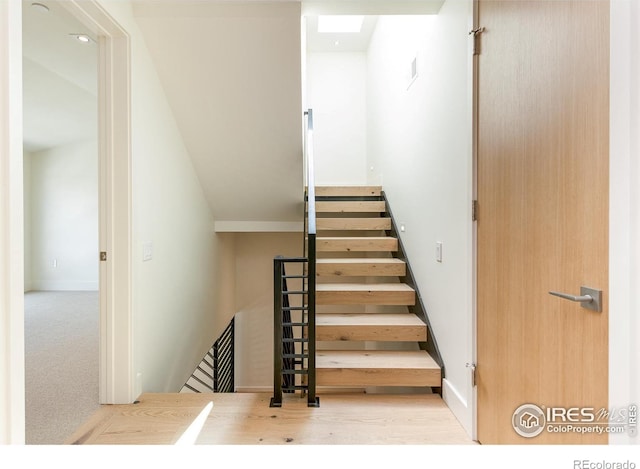 stairway featuring wood-type flooring