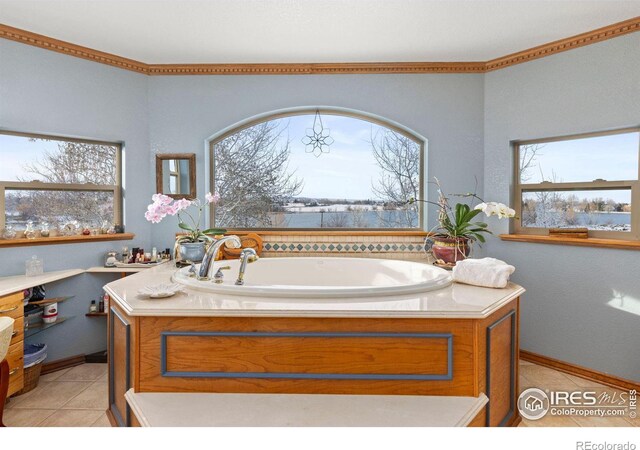 bathroom featuring a healthy amount of sunlight, a garden tub, baseboards, and tile patterned floors