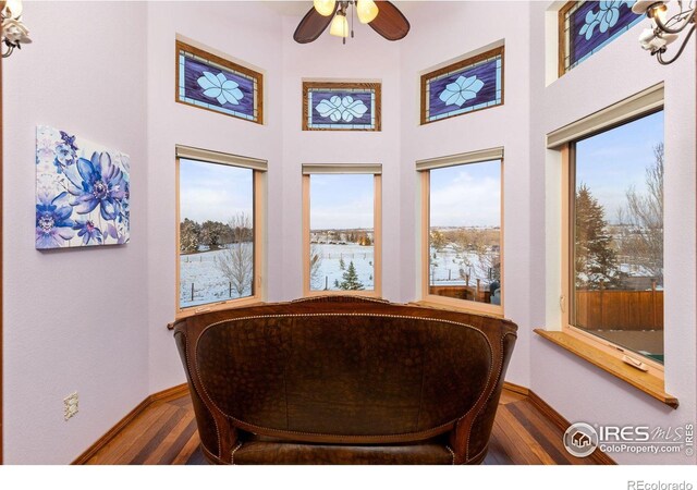 dining room featuring dark wood-style flooring, a ceiling fan, and baseboards