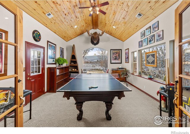 game room featuring wood ceiling, light colored carpet, and visible vents