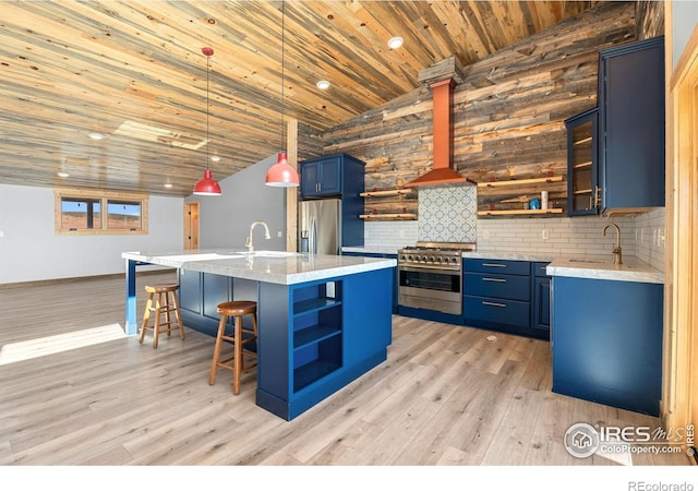 kitchen with hanging light fixtures, a center island with sink, light wood-type flooring, and stainless steel appliances