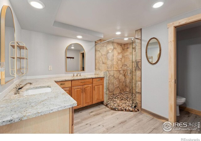 bathroom featuring wood-type flooring, vanity, toilet, and a shower with shower door