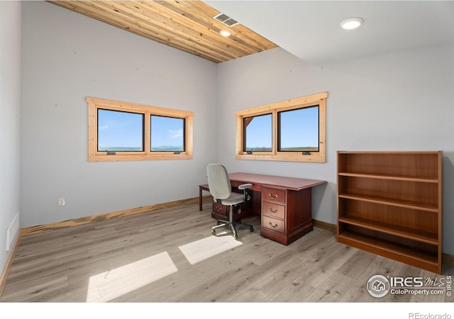 unfurnished office featuring light wood-type flooring and wood ceiling