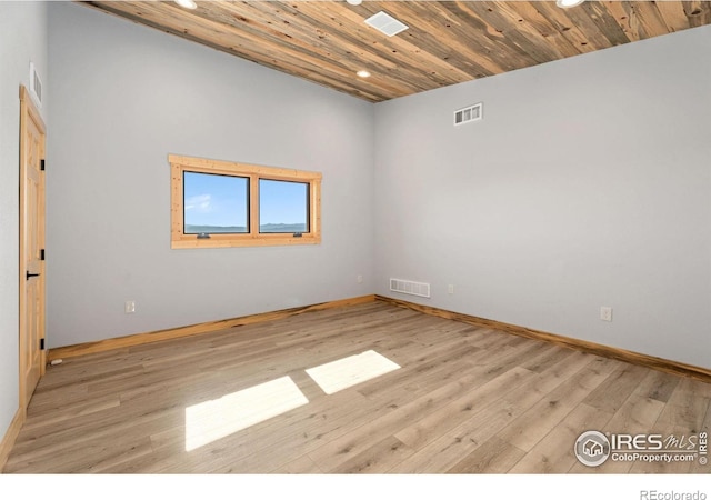 unfurnished room with light hardwood / wood-style flooring and wooden ceiling