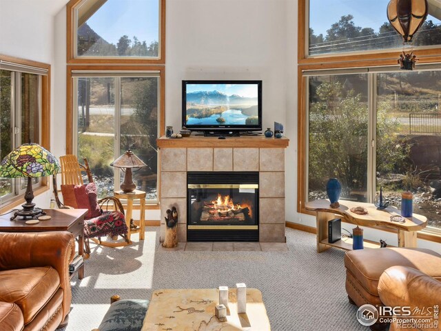 living room with carpet flooring and a tile fireplace