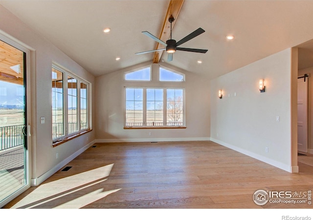 empty room with light wood-style flooring, lofted ceiling with beams, recessed lighting, baseboards, and ceiling fan