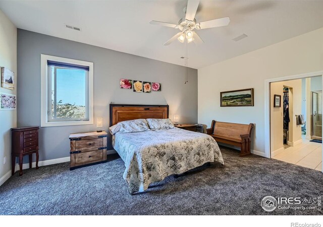 carpeted bedroom with ensuite bathroom and ceiling fan