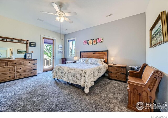 carpeted bedroom with access to exterior and ceiling fan