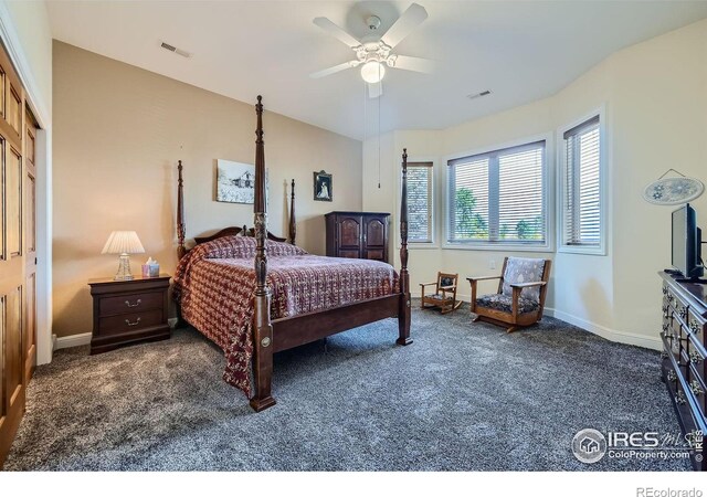 carpeted bedroom featuring ceiling fan and a closet