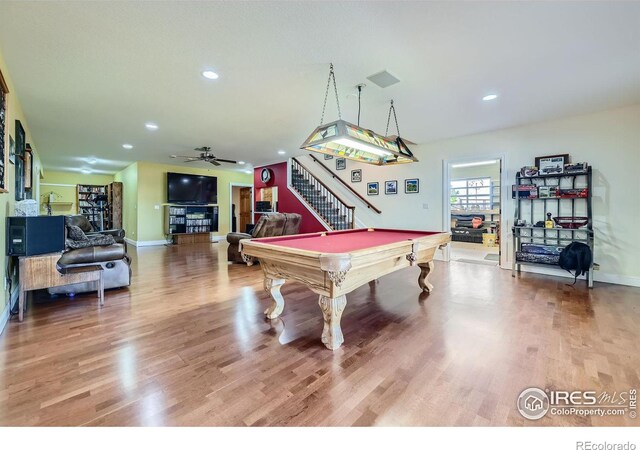 game room featuring pool table, hardwood / wood-style floors, and ceiling fan