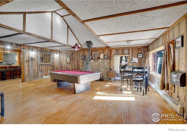 recreation room with hardwood / wood-style floors, baseboard heating, lofted ceiling, and pool table