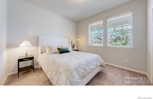 bedroom featuring light colored carpet