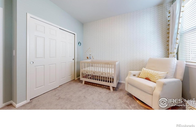 carpeted bedroom featuring a closet and a crib