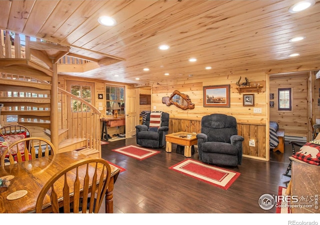 living room featuring wooden walls, wooden ceiling, and dark hardwood / wood-style flooring