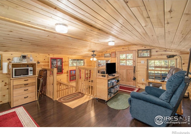 living room featuring wood walls, wooden ceiling, lofted ceiling, and dark hardwood / wood-style flooring