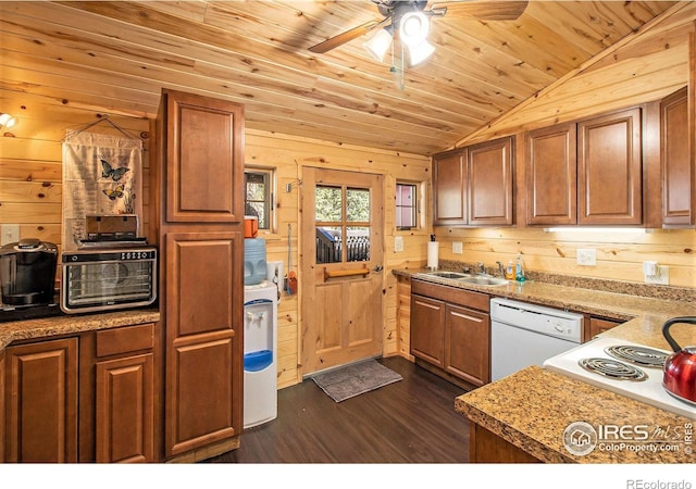 kitchen featuring wood ceiling, sink, wooden walls, dishwasher, and dark hardwood / wood-style flooring