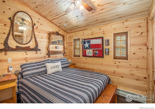 bedroom featuring ceiling fan, wooden walls, lofted ceiling, and wooden ceiling