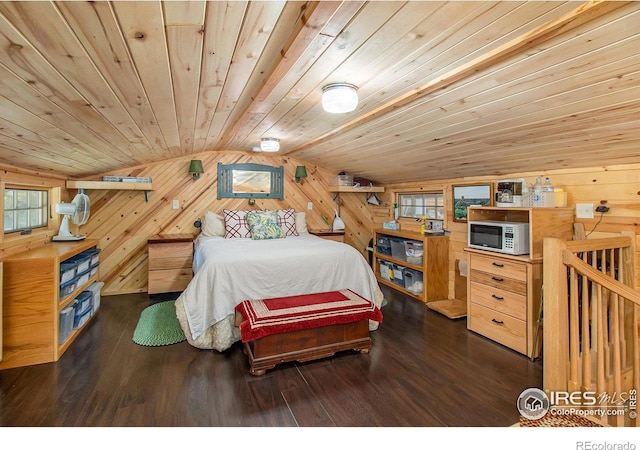 bedroom with dark hardwood / wood-style floors, wooden walls, vaulted ceiling, and wood ceiling