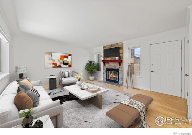 living room featuring hardwood / wood-style flooring and a stone fireplace