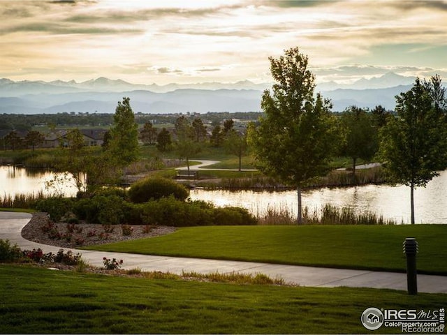 view of community featuring a water view and a lawn