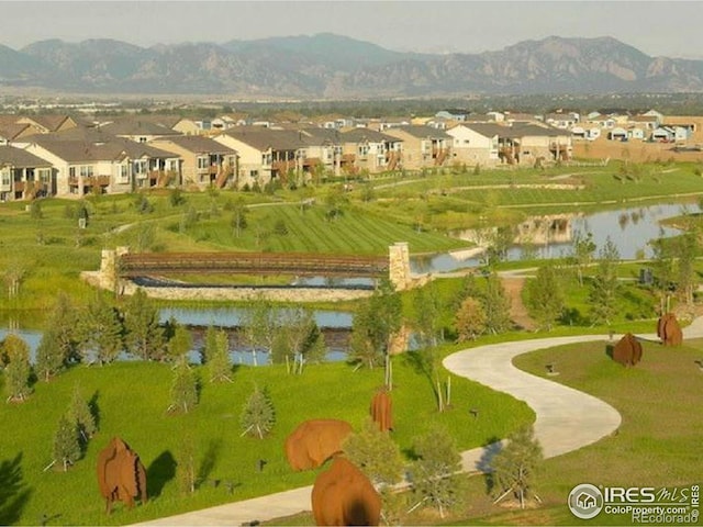 surrounding community with a water and mountain view