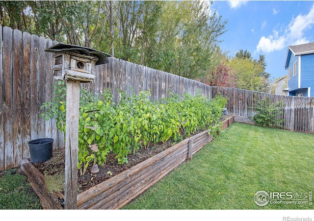 view of yard with a garden and a fenced backyard