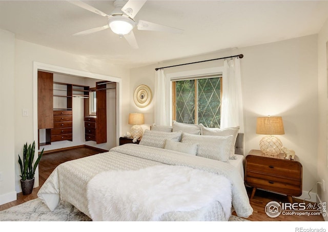 bedroom featuring ceiling fan and wood-type flooring