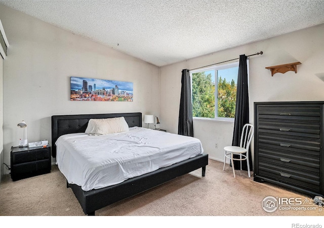 bedroom with a textured ceiling and light colored carpet