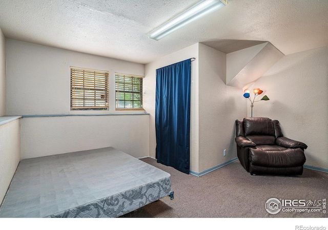 carpeted bedroom featuring a textured ceiling