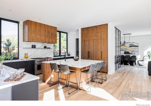 kitchen featuring a center island, light hardwood / wood-style flooring, high end stainless steel range oven, and a breakfast bar