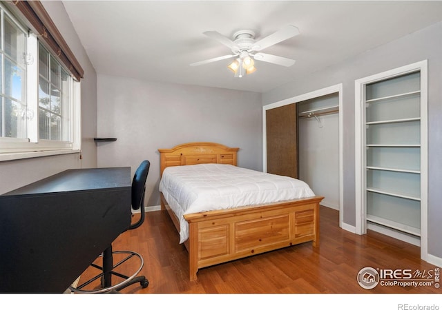 bedroom with ceiling fan, a closet, and dark hardwood / wood-style floors