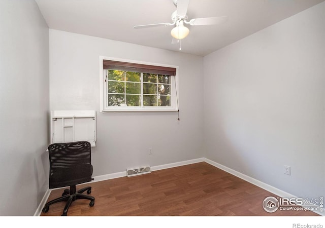 office featuring ceiling fan and dark hardwood / wood-style flooring