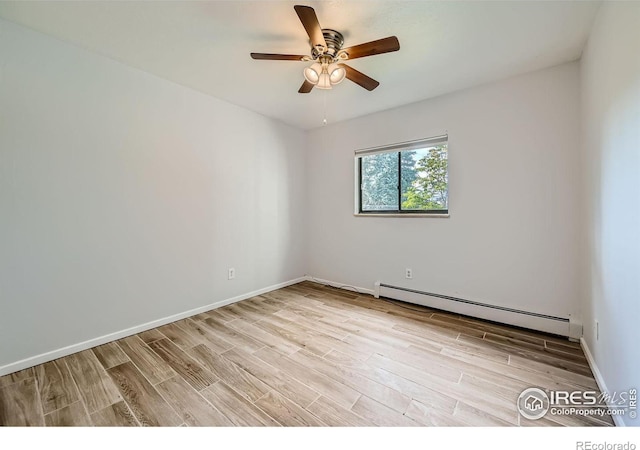 unfurnished room with a baseboard radiator, light hardwood / wood-style floors, and ceiling fan