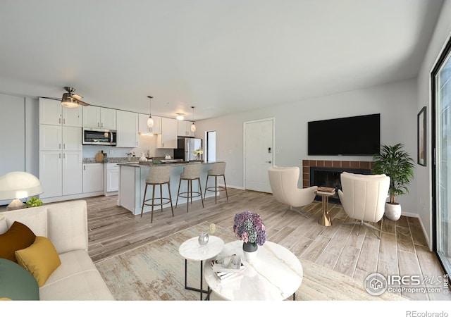 living room with light hardwood / wood-style flooring, a tiled fireplace, and a wealth of natural light