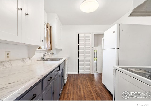 kitchen featuring ventilation hood, dark hardwood / wood-style flooring, sink, dishwasher, and white cabinets