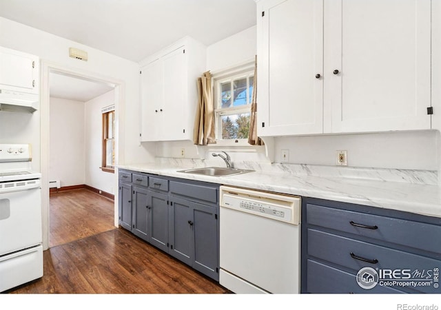 kitchen featuring white appliances, dark hardwood / wood-style flooring, range hood, sink, and white cabinetry