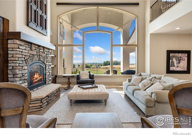 living room featuring a stone fireplace, hardwood / wood-style floors, and a high ceiling