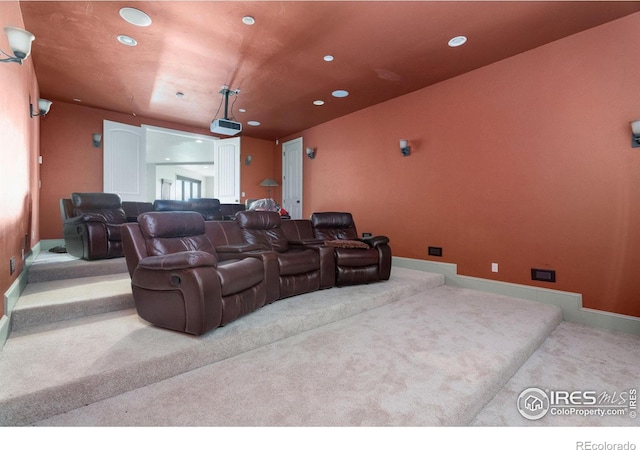 cinema room with carpet flooring, recessed lighting, and baseboards